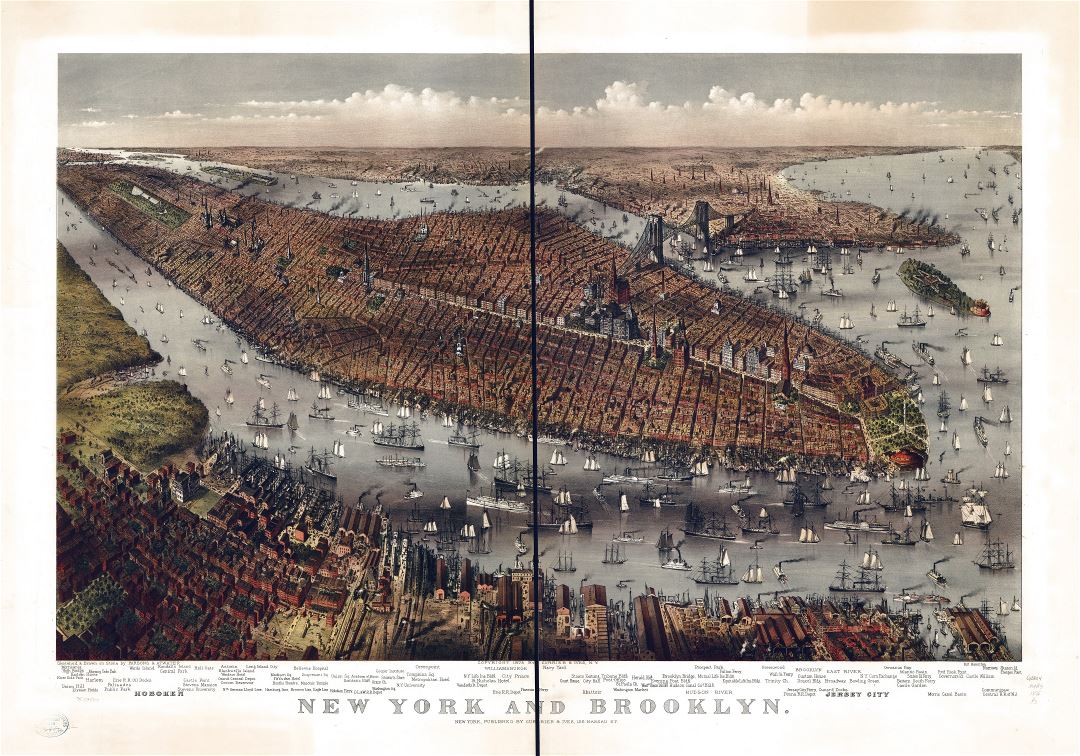Крупномасштабная детальная старая панорамная карта Нью-Йорка и Бруклина - 1875