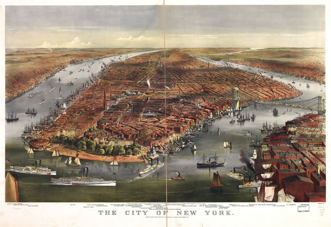Крупномасштабная детальная старая панорамная карта города Нью-Йорка - 1870