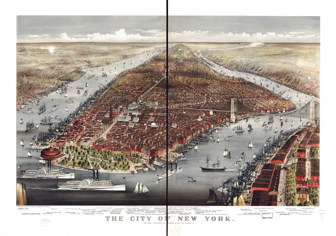 Крупномасштабная детальная старая панорамная карта города Нью-Йорка - 1876