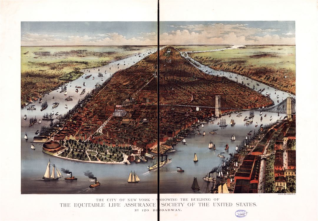 Крупномасштабная подробная старая панорамная карта города Нью-Йорка - 1883