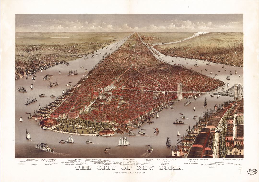 Крупномасштабная детальная старая панорамная карта города Нью-Йорка - 1884