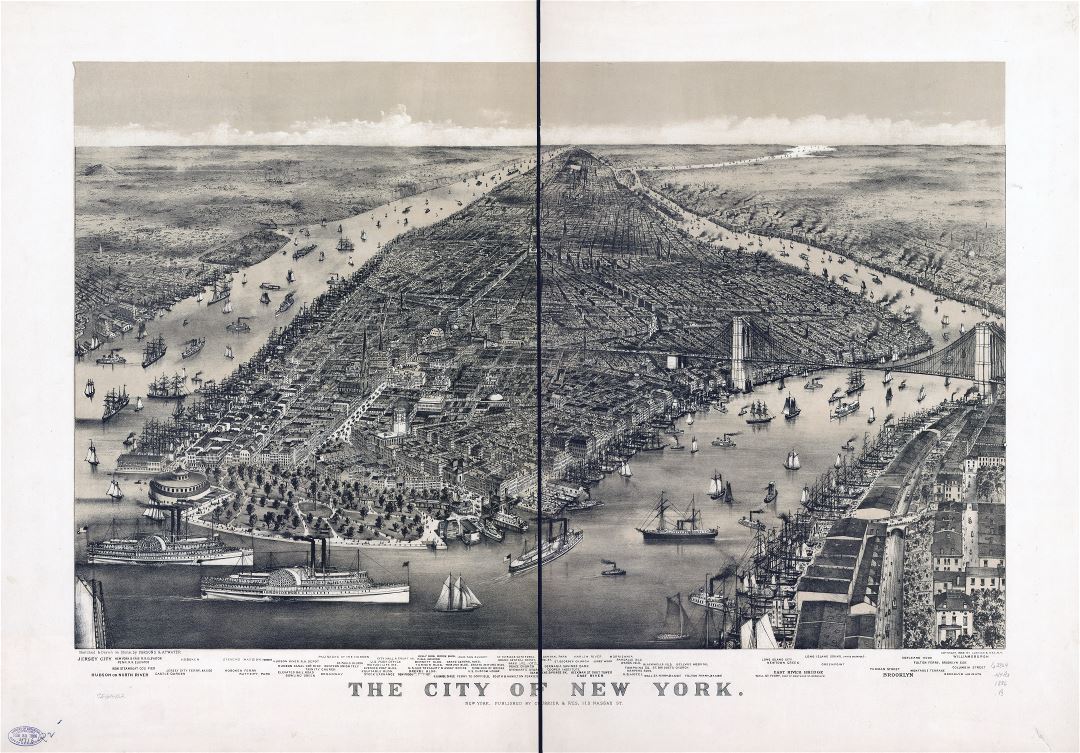Крупномасштабная детальная старая панорамная карта города Нью-Йорка - 1886
