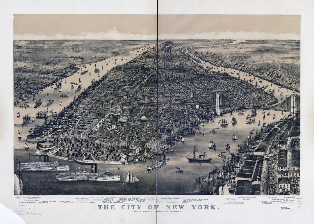 Крупномасштабная детальная старая панорамная карта города Нью-Йорка - 1889