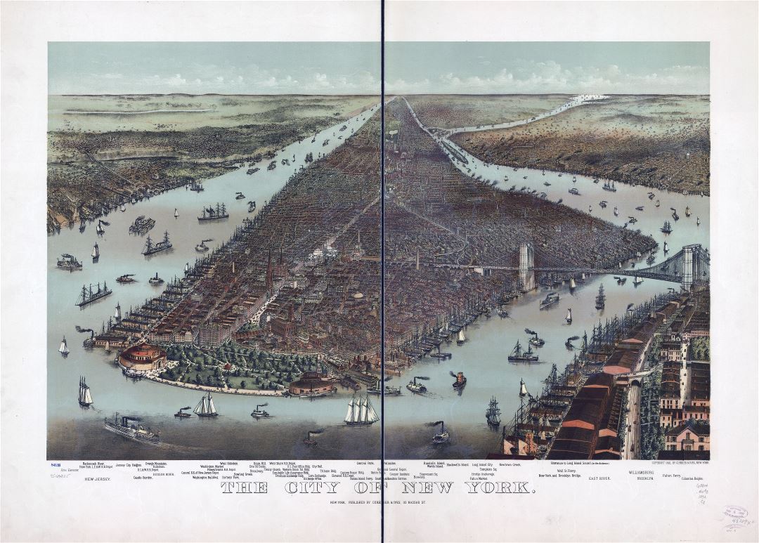 Крупномасштабная подробная старая панорамная карта города Нью-Йорка - 1892