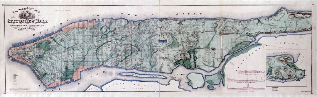 Крупномасштабная детальная старая топографическая карта города Нью-Йорка - 1865