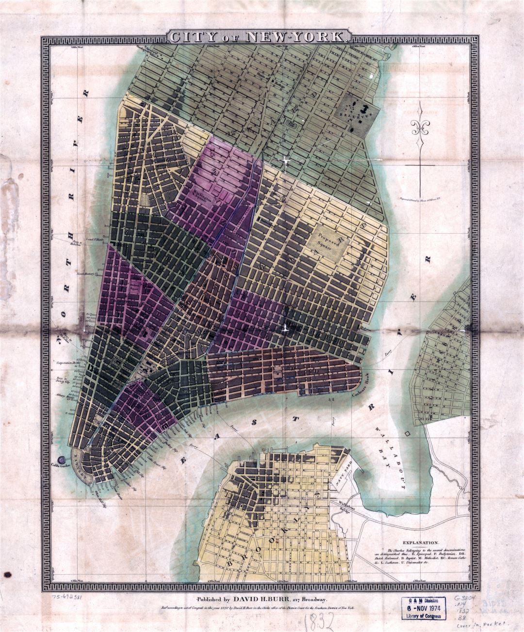 Крупномасштабная старая карта города Нью-Йорка - 1832