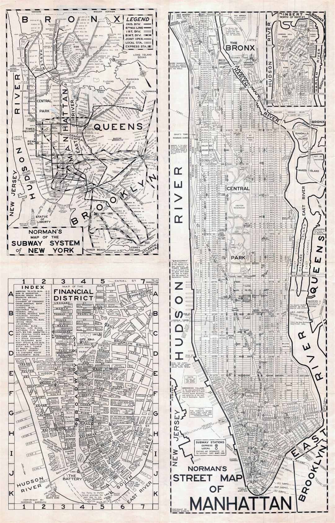 Крупномасштабная старая карта улиц для печати Манхэттена, город Нью-Йорк - 1945