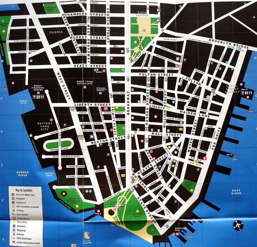 Большая туристическая карта Нижнего Манхэттена