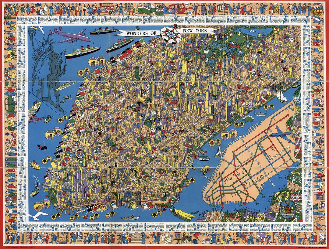 Перспективная иллюстрированная карта Манхэттена, Нью-Йорк