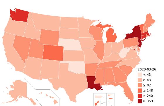 Коронавирусная карта США по штатам - 26.03.2020