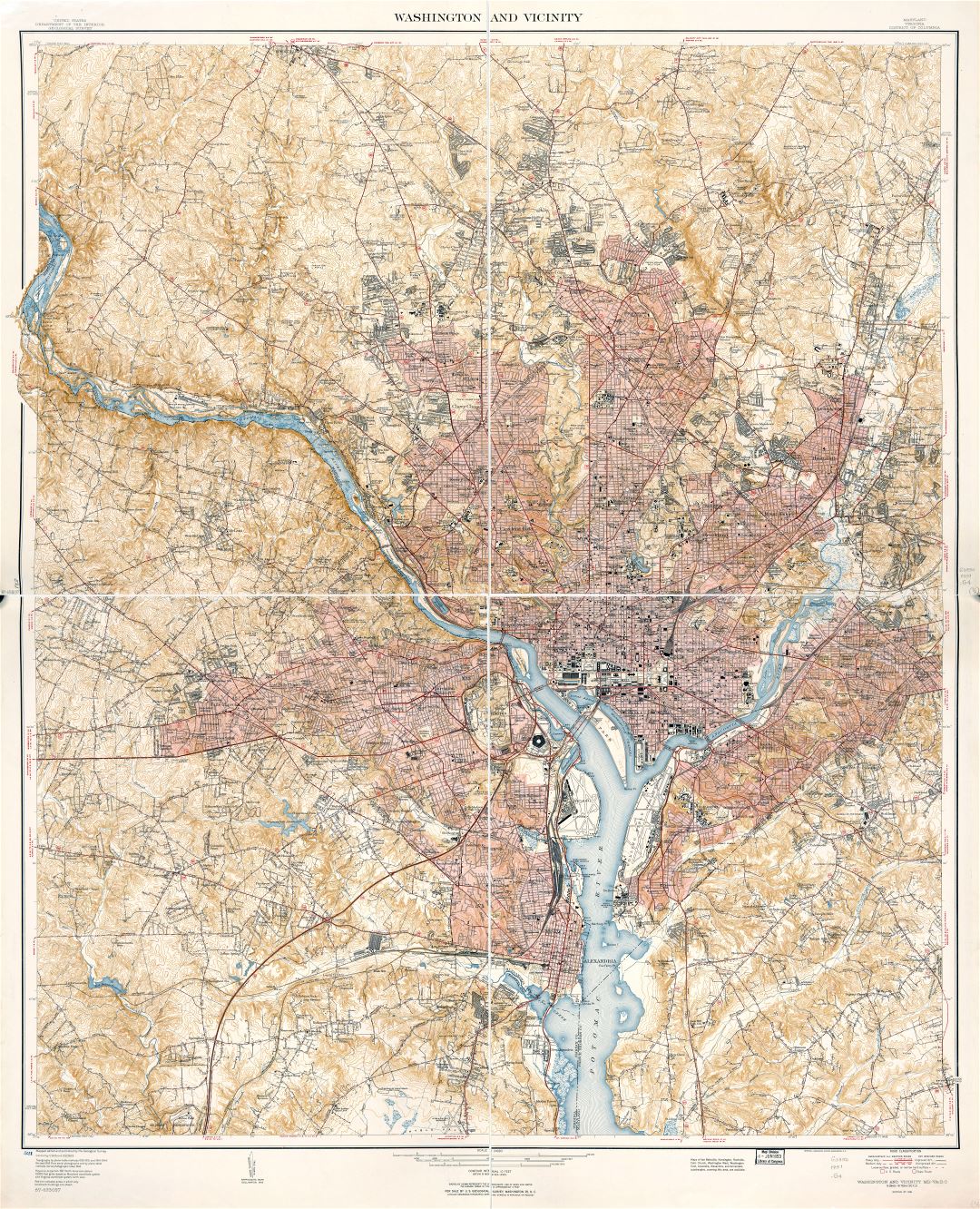 В высоком разрешении подробная карта Вашингтона и окрестностей, округ Колумбия, Мэриленд, Вирджиния - 1951