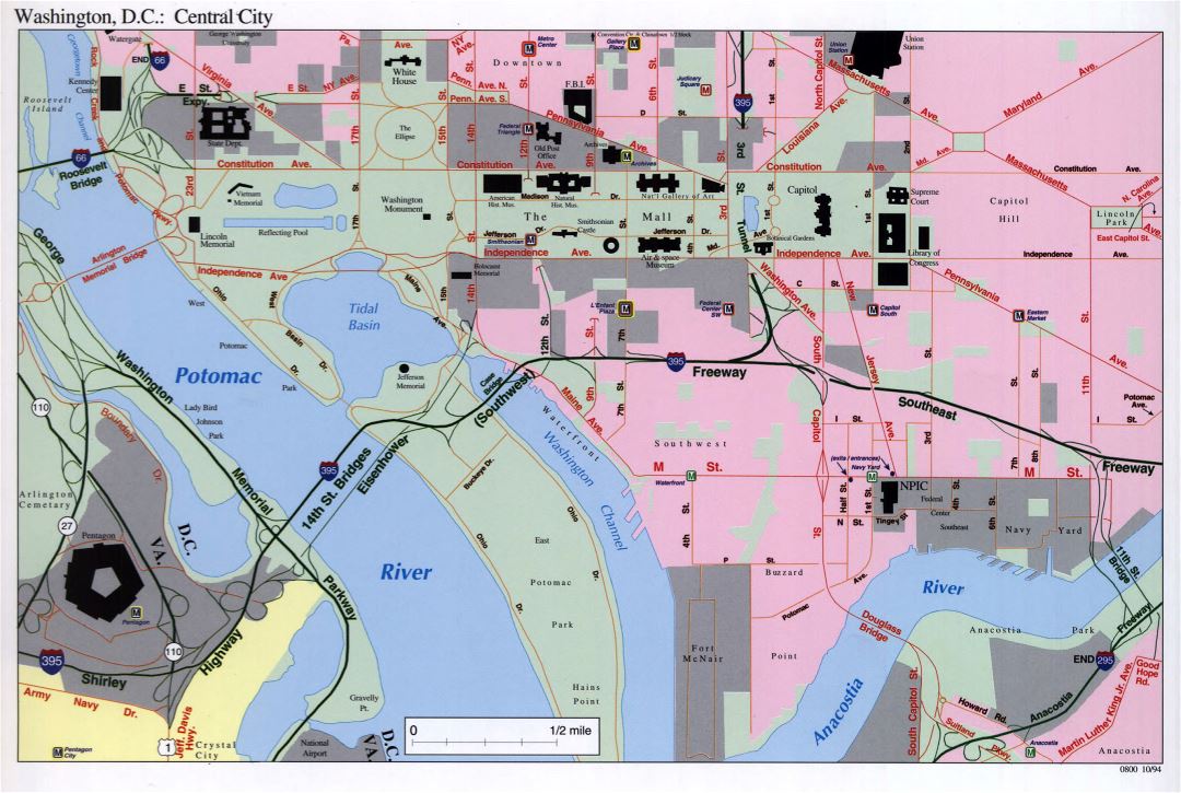 Большая детальная карта центра города Вашингтона, округ Колумбия - 1994