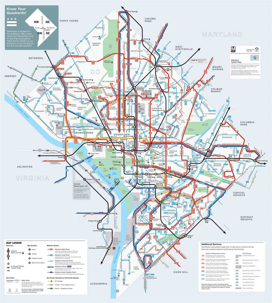 Большая детальная карта маршрута метробуса Вашингтона, округ Колумбия