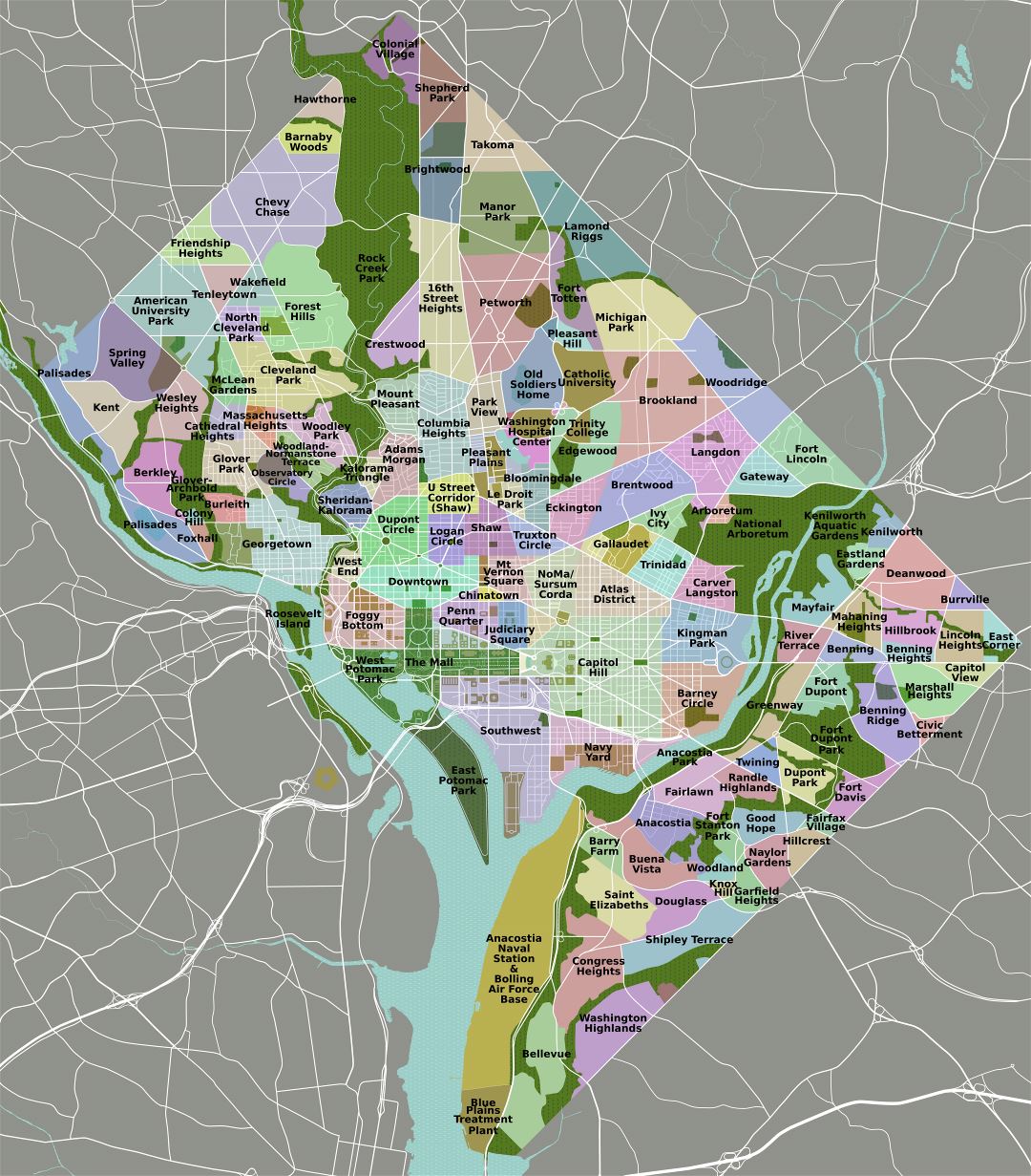 Большая подробная карта окрестностей Вашингтона, округ Колумбия