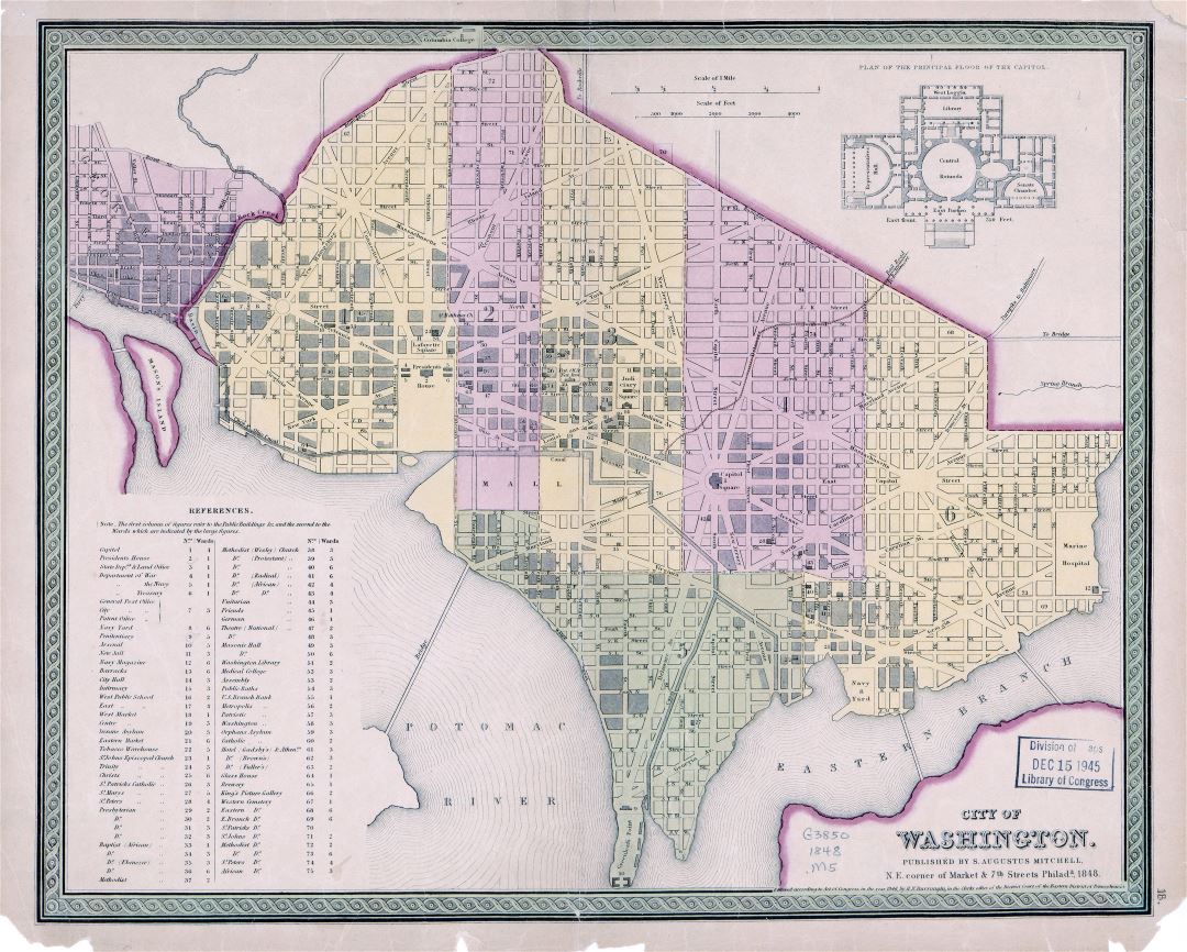 Большая подробная старая административная карта города Вашингтона - 1848