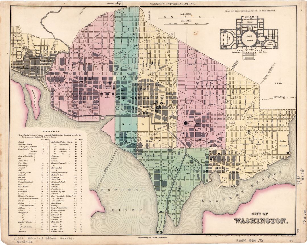 Большая детальная старая карта города Вашингтона - 1836