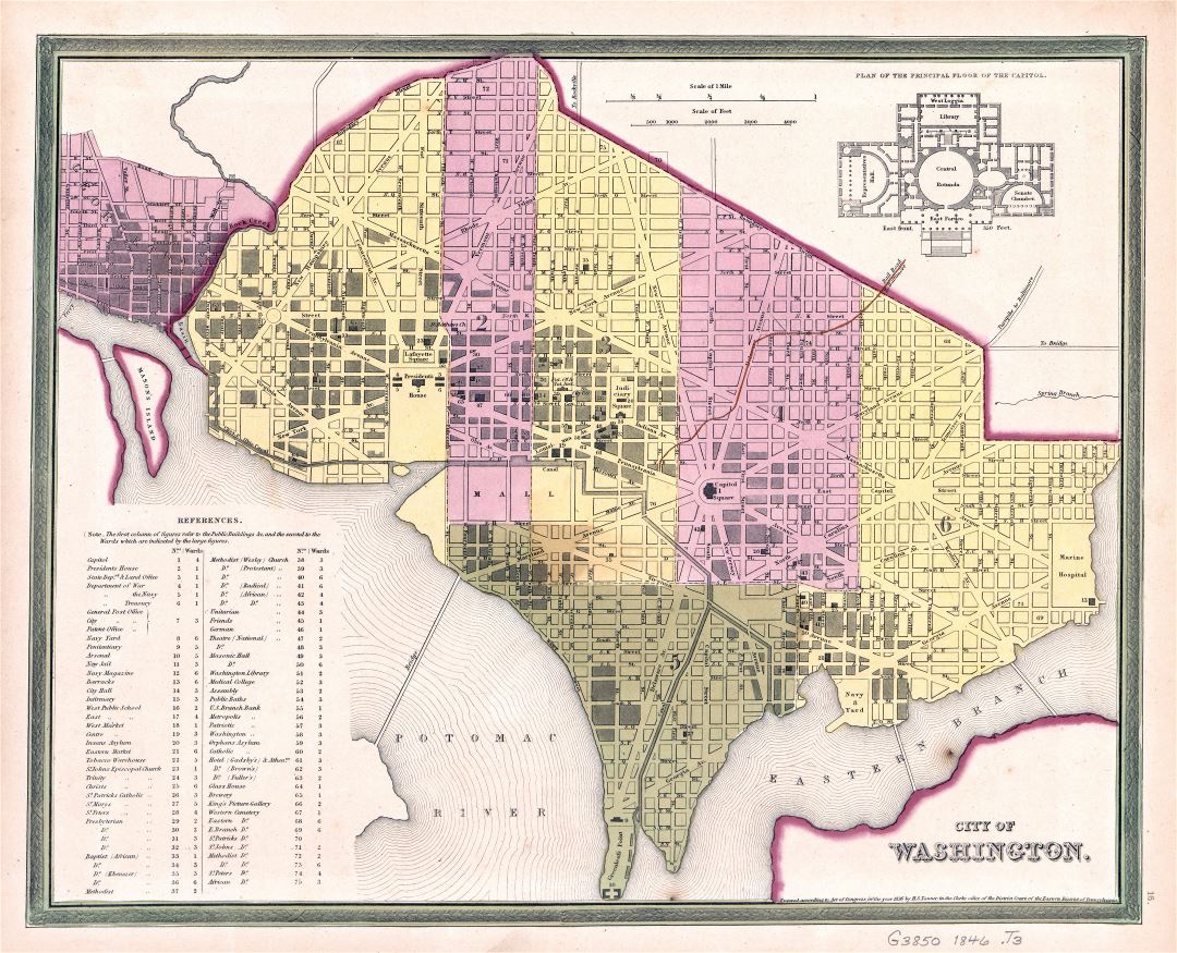 Большая подробная старая карта города Вашингтона - 1846