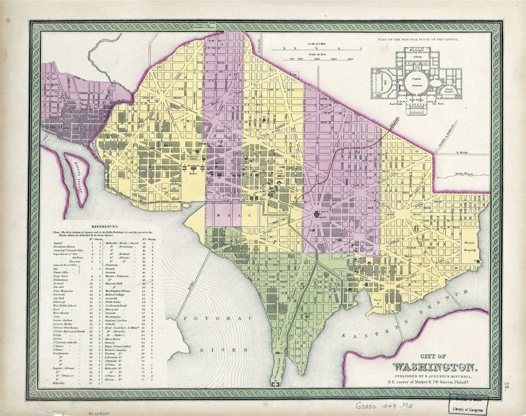 Большая детальная старая карта города Вашингтона - 1849