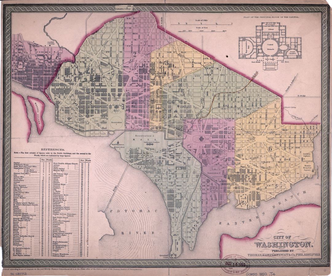 Большая детальная старая карта города Вашингтона - 1850