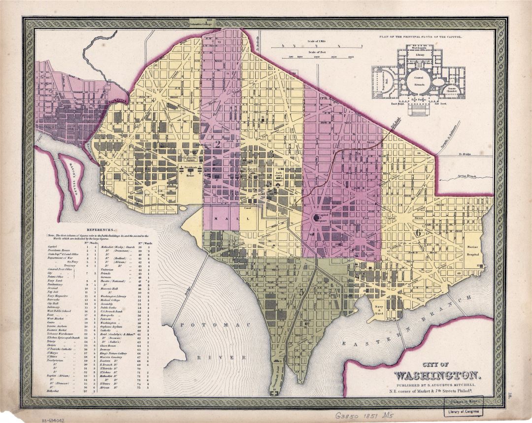Большая подробная старая карта города Вашингтона - 1851