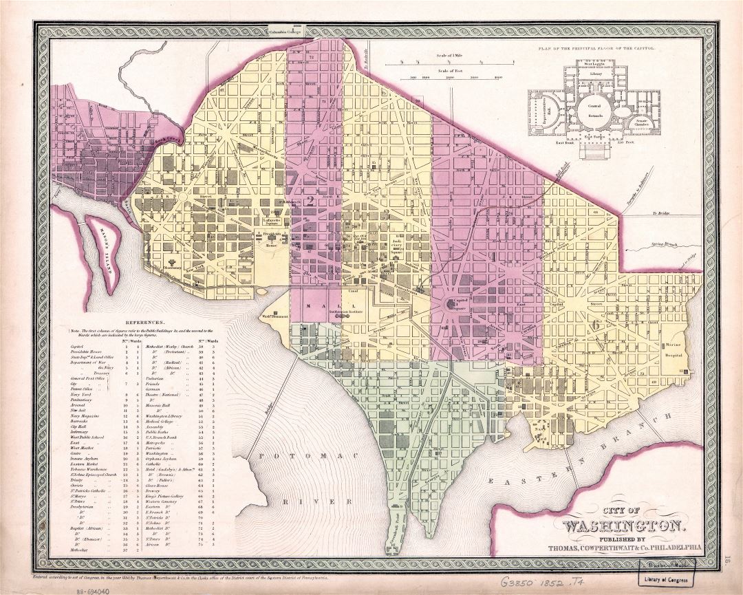 Большая детальная старая карта города Вашингтона - 1852