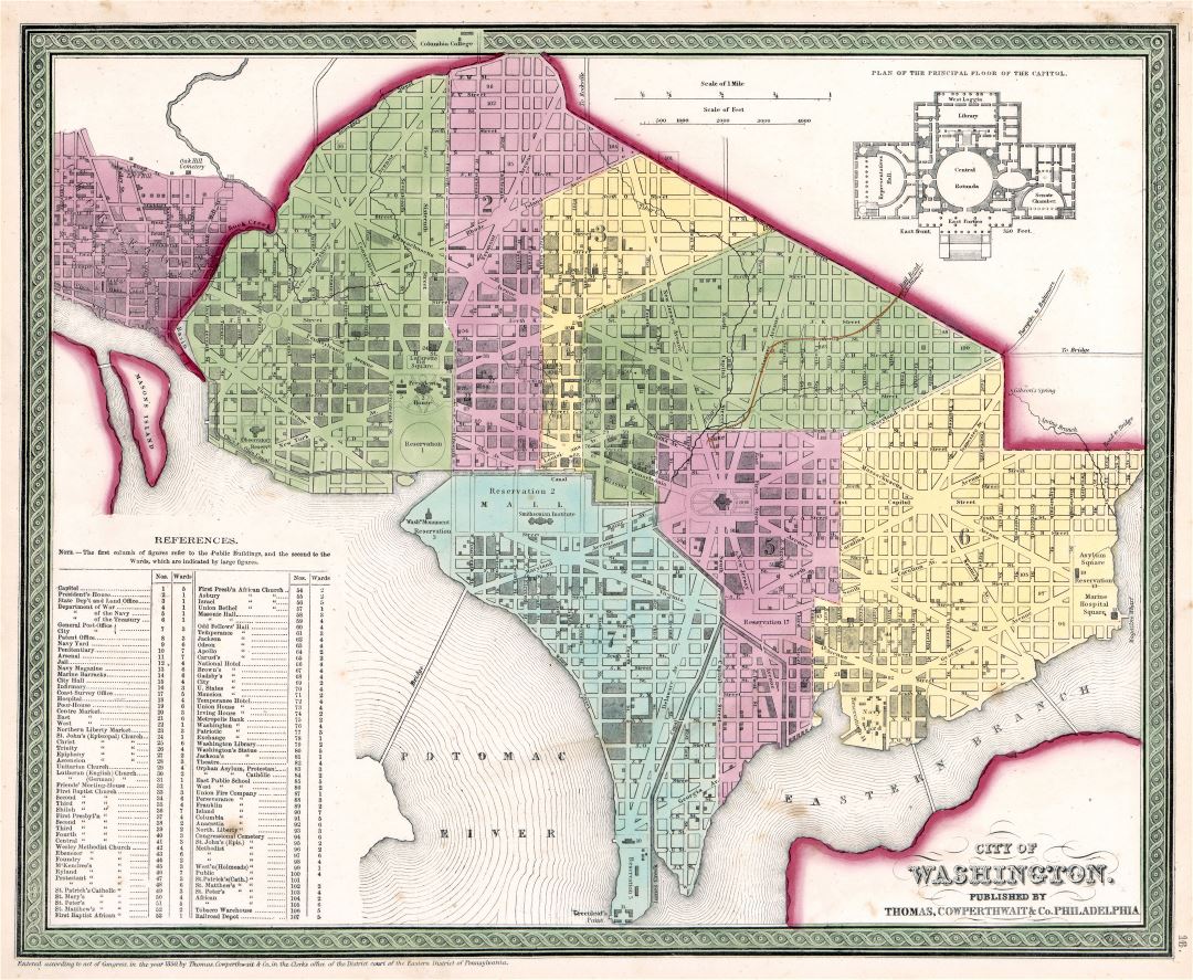 Большая детальная старая карта города Вашингтона - 1854