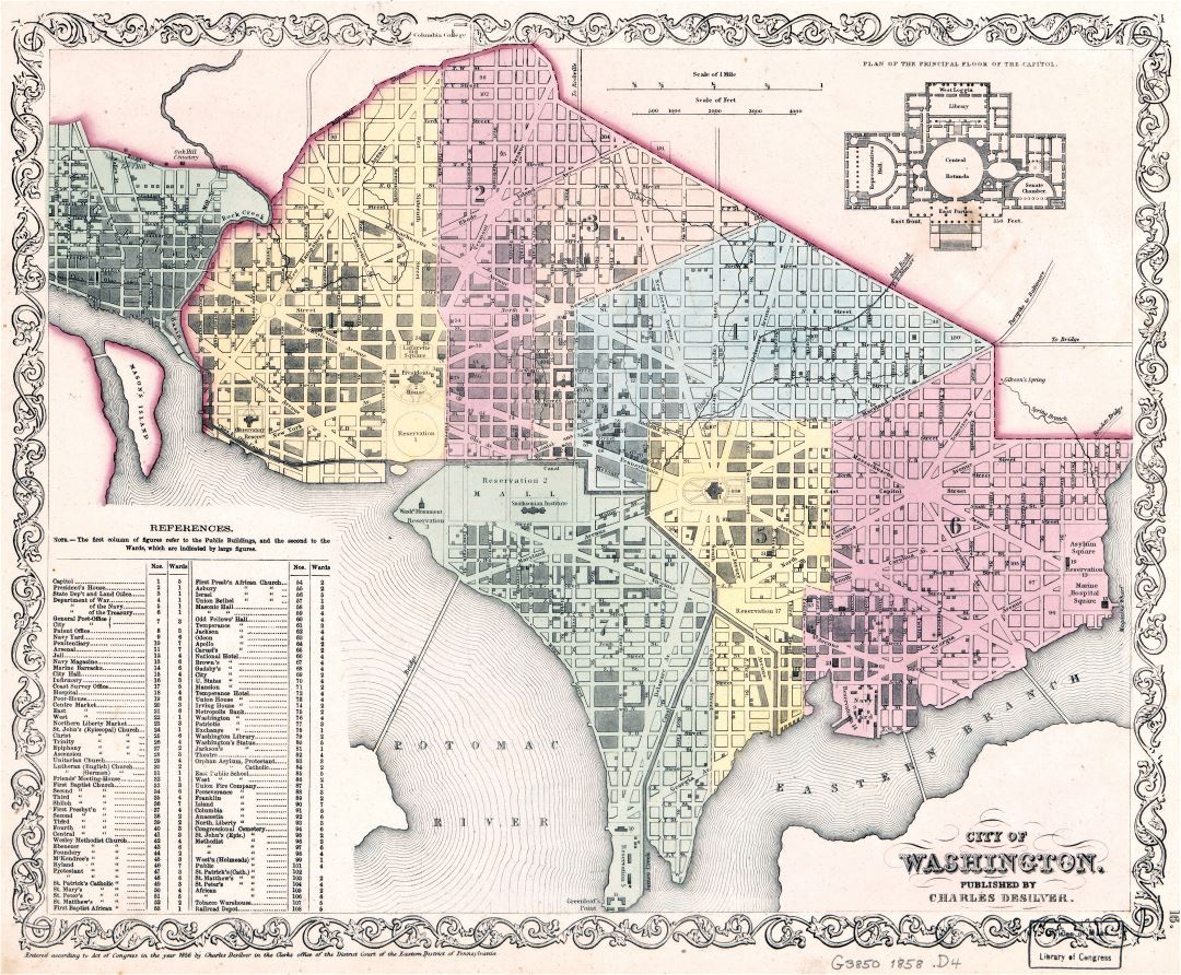 Большая детальная старая карта города Вашингтона - 1858