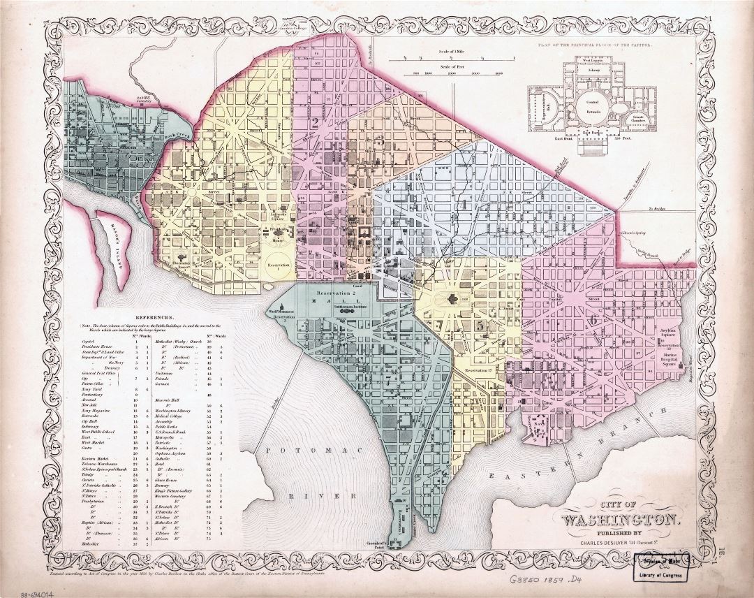 Большая детальная старая карта города Вашингтона - 1859