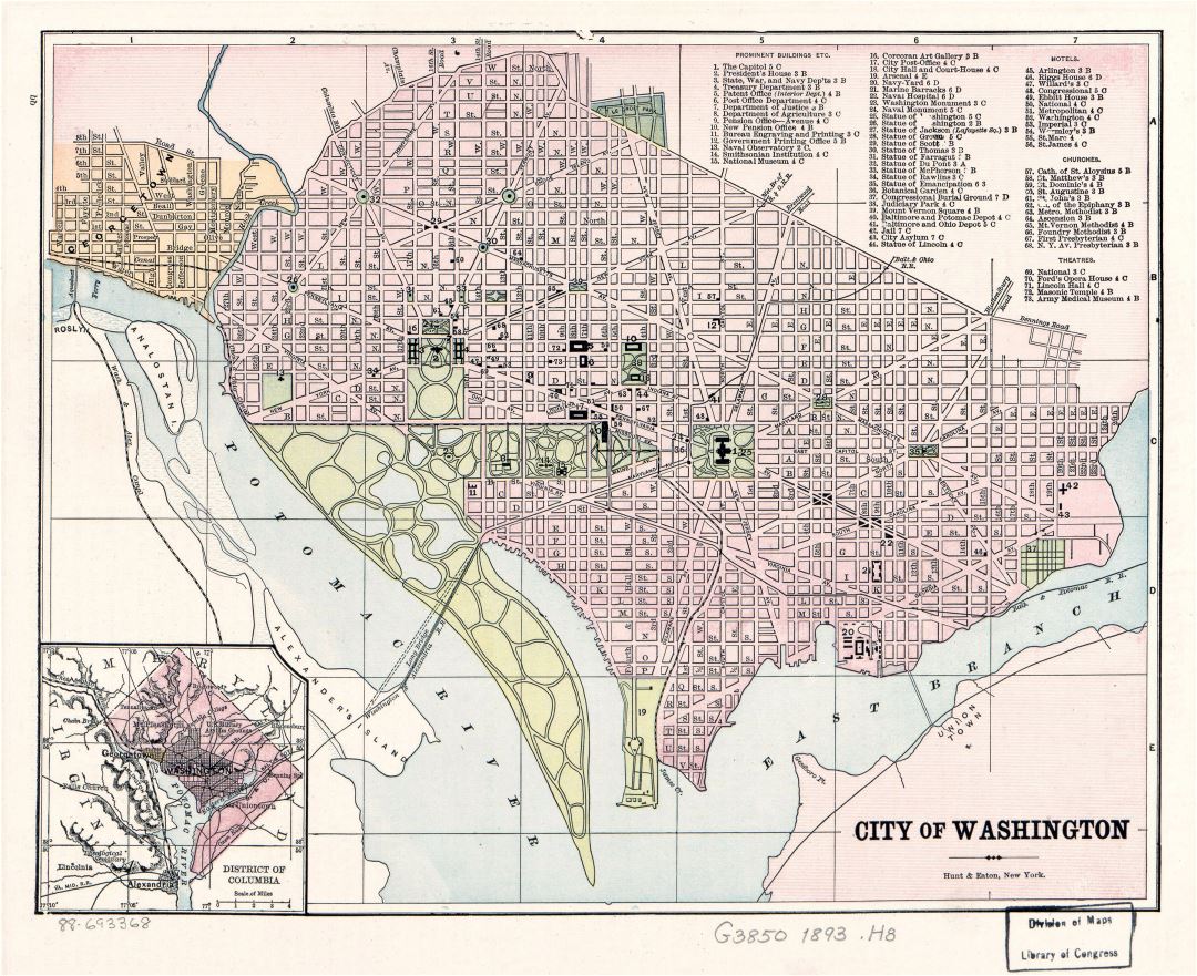 Большая подробная старая карта города Вашингтона - 1893