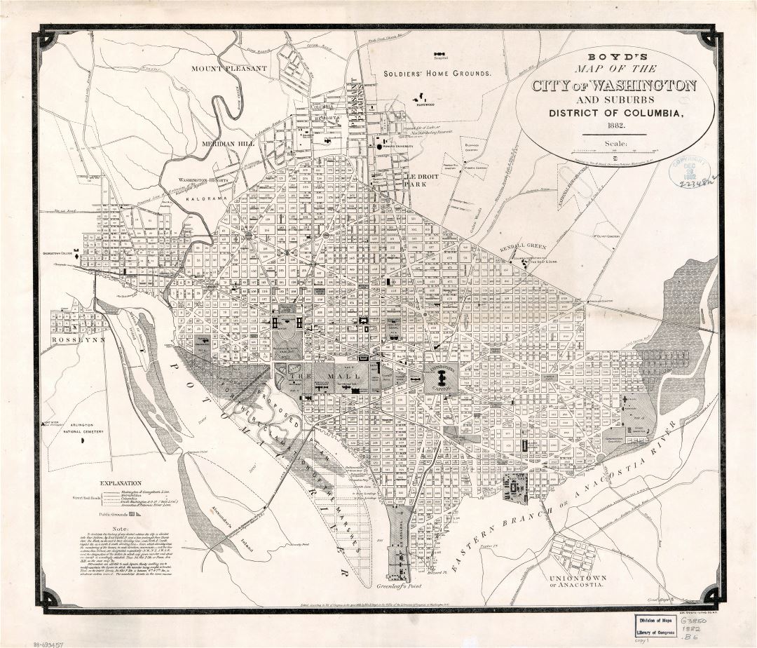 Большая детальная старая карта города Вашингтона и окресностей, округ Колумбия - 1882