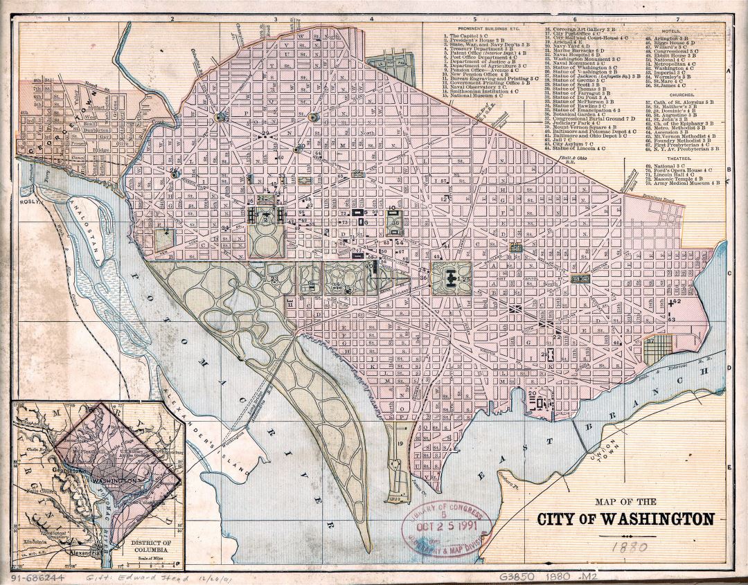 Большая детальная старая карта города Вашингтона, округ Колумбия - 1880