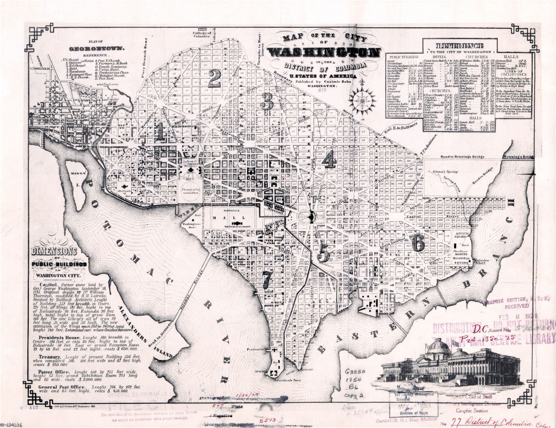 Большая детальная старая карта города Вашингтона в округе Колумбия - 1854