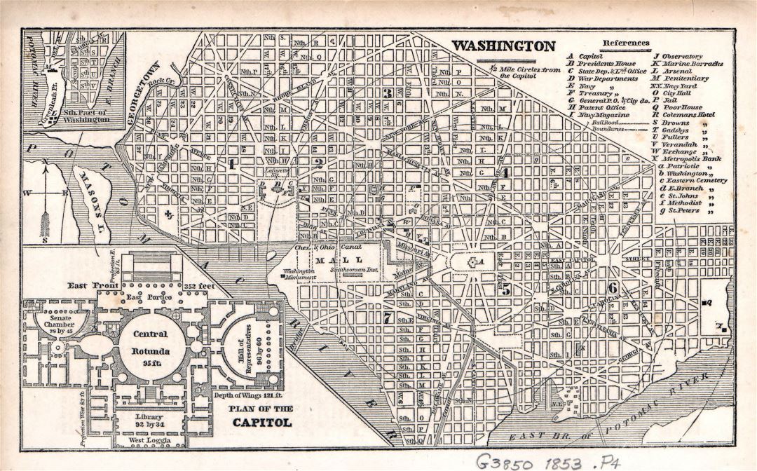 Большая детальная старая карта Вашингтона - 1853