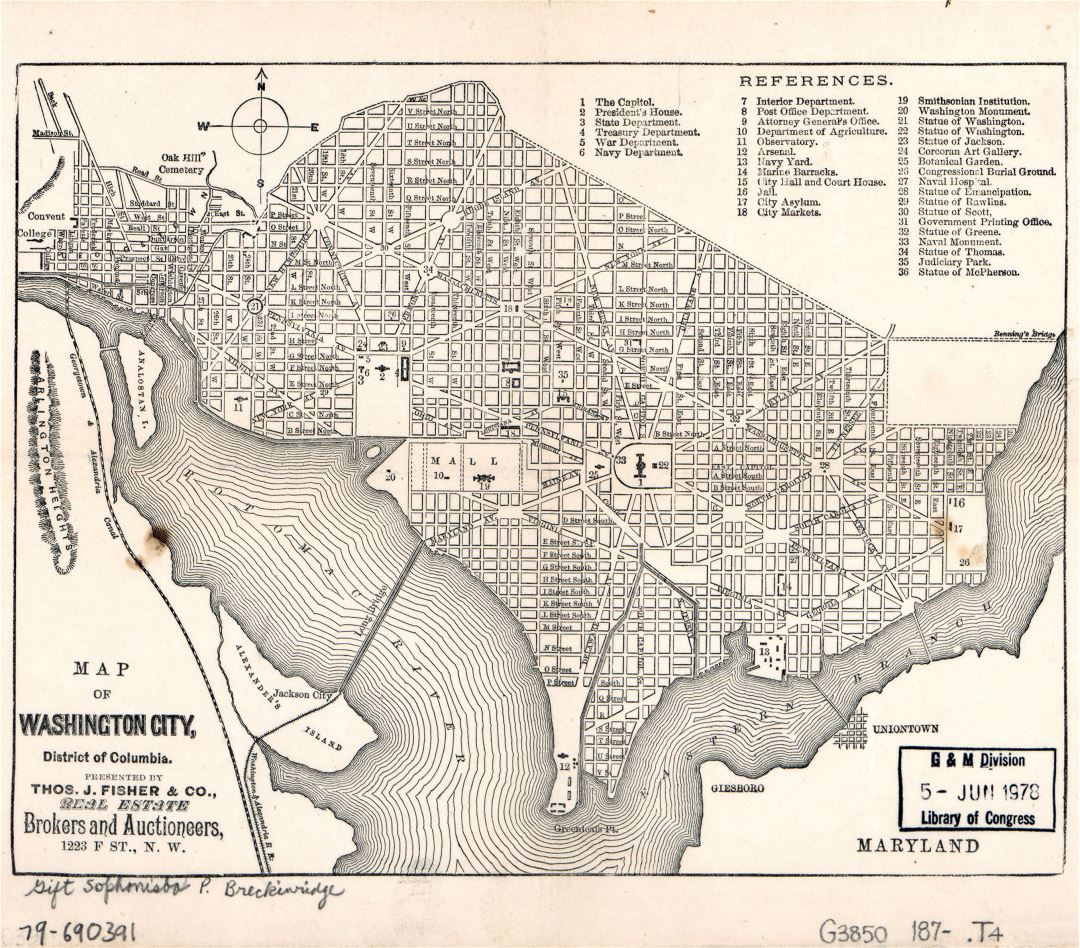 Большая детальная старая карта города Вашингтон, округ Колумбия - 1870