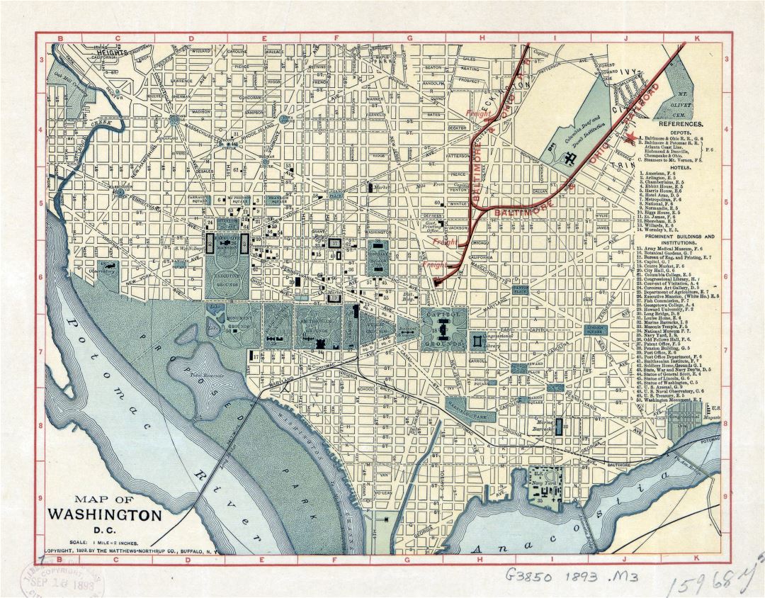 Большая детальная старая карта Вашингтона, округ Колумбия - 1893