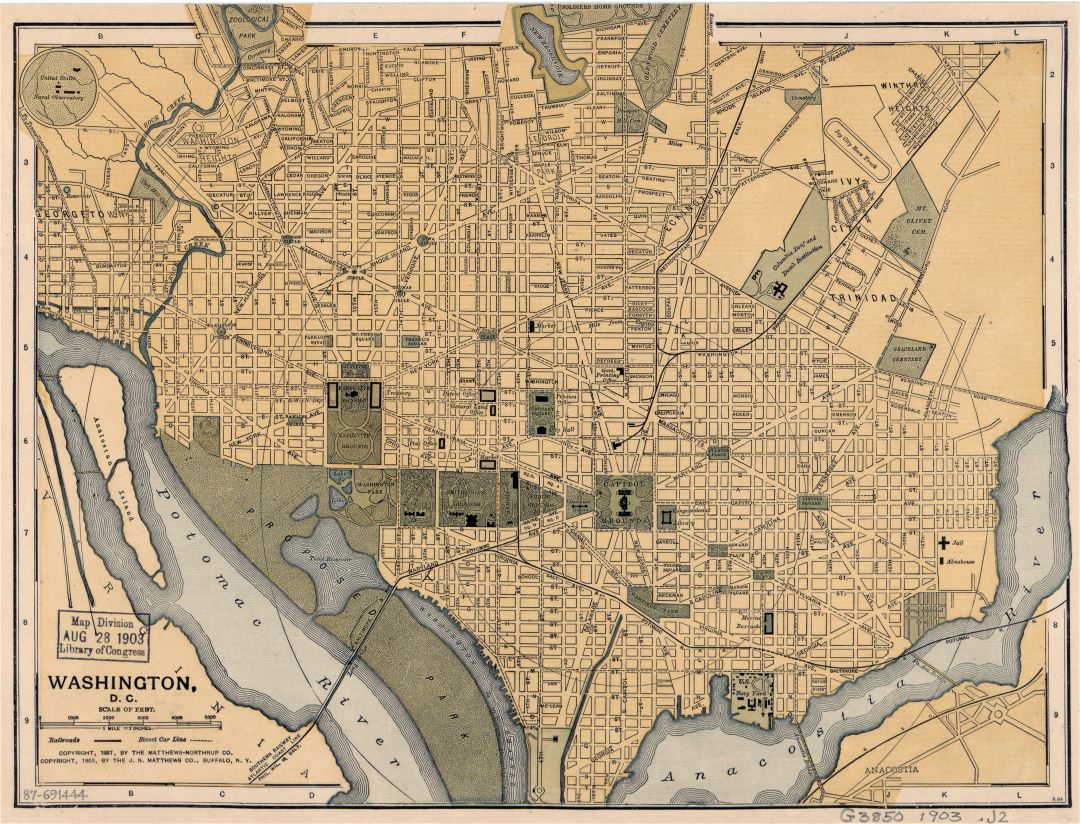 Большая детальная старая карта Вашингтона, округ Колумбия - 1897