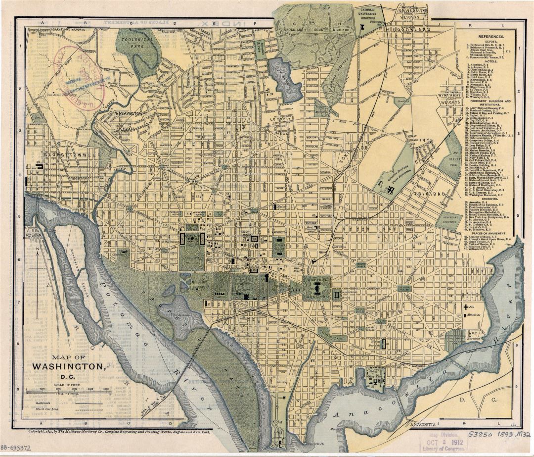 Большая подробная старая карта Вашингтона, округ Колумбия с другими пометками - 1893