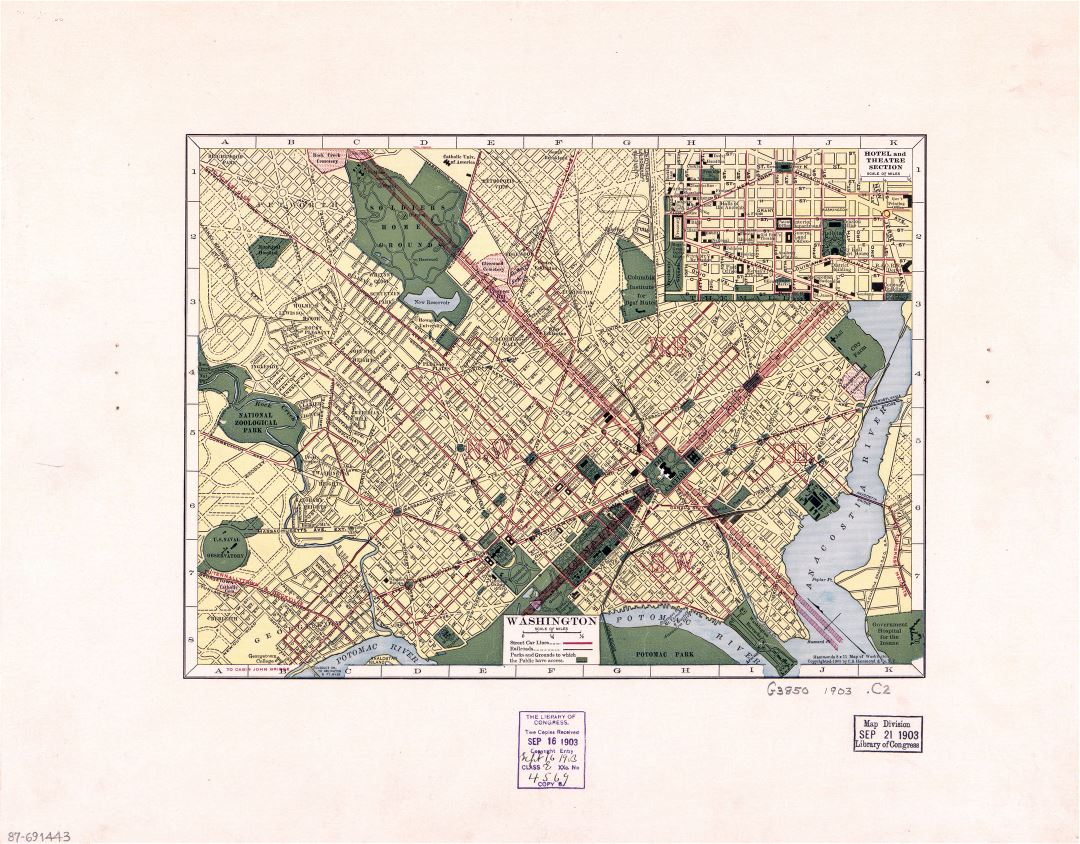 Большая детальная старая карта Вашингтона с дорогами - 1903