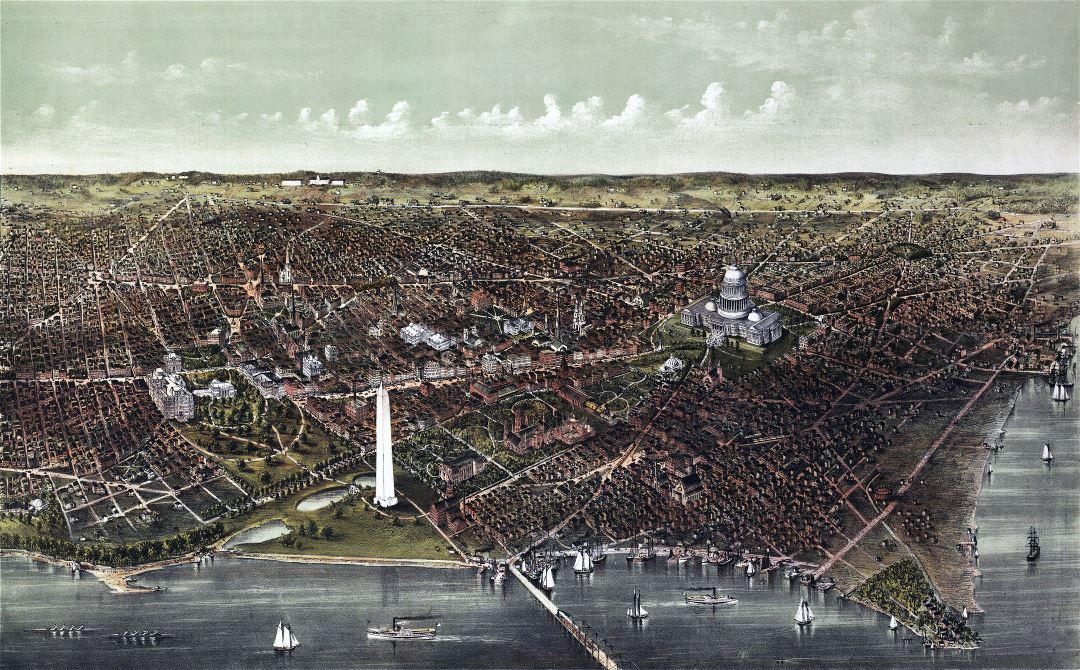Большая детальная старая панорамная карта Вашингтона, округ Колумбия - 1892