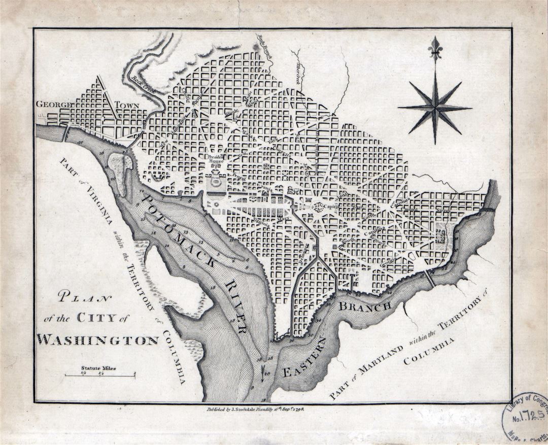 Большой детальный старый план города Вашингтона - 1798