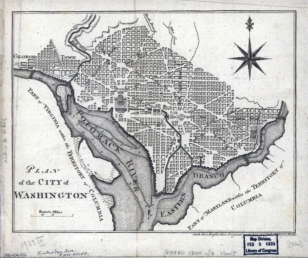 Большой подробный старый план города Вашингтона - 1800