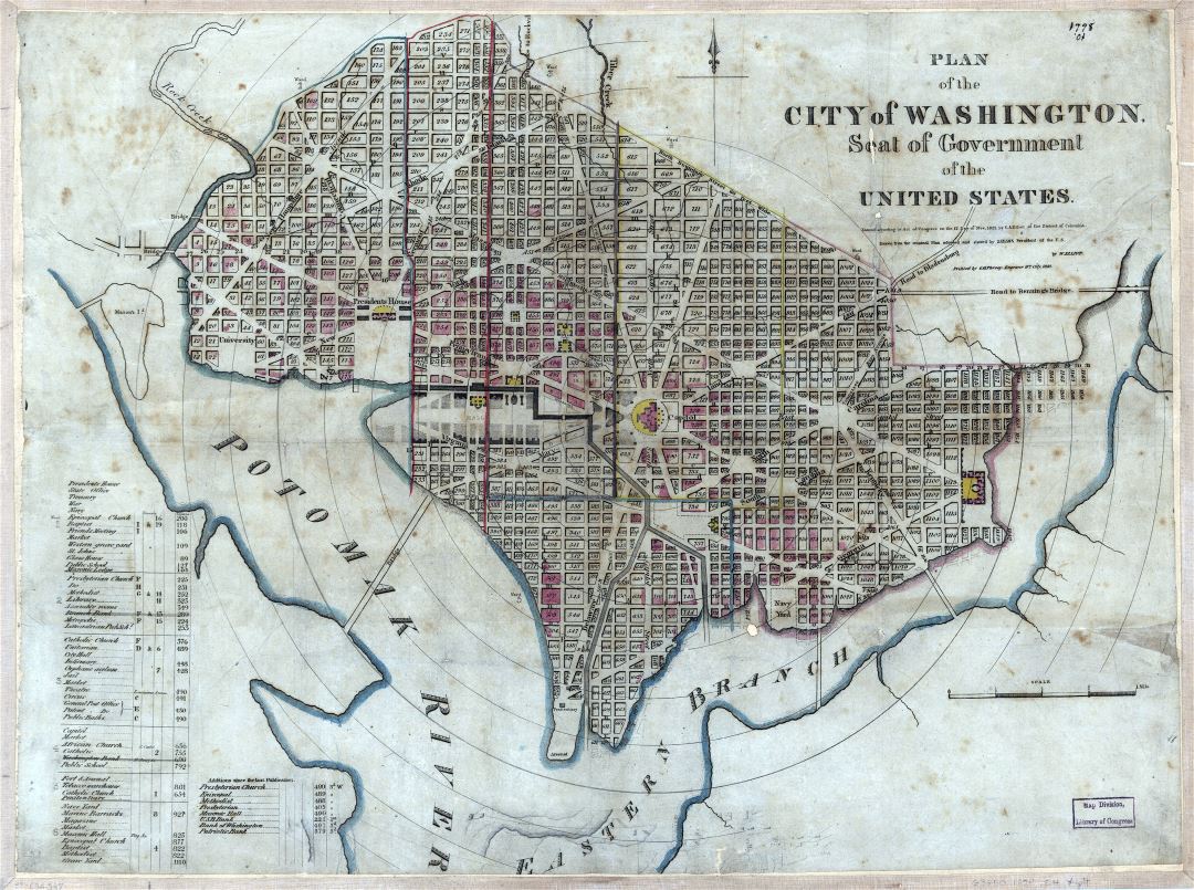 Большой детальный старый план города Вашингтона - 1829