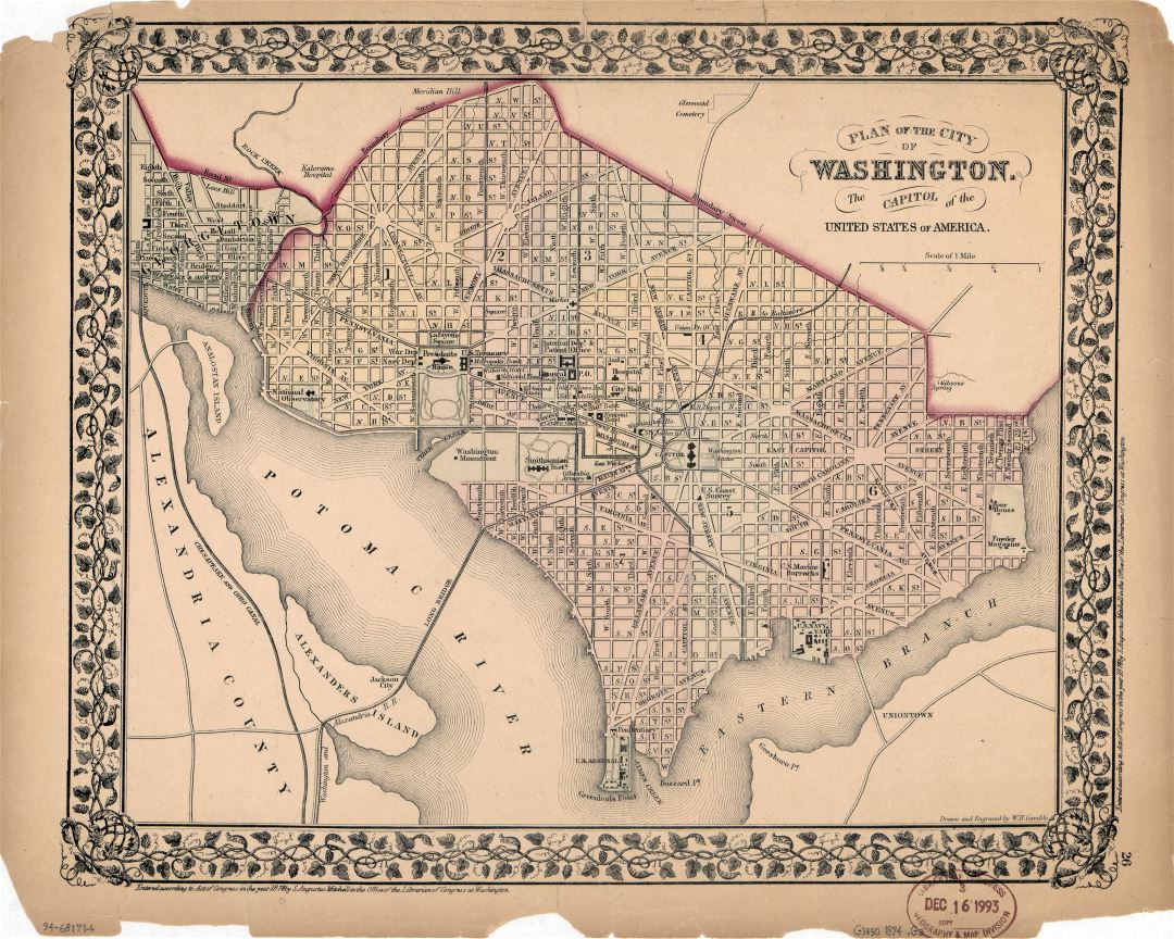 Большой детальный старый план города Вашингтона - 1874