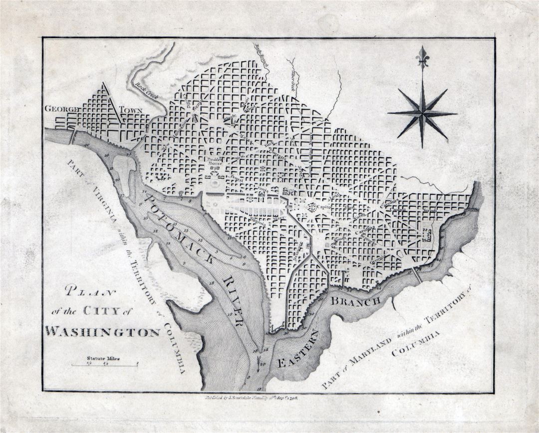 Большой детальный старый план города Вашингтона, округ Колумбия - 1798