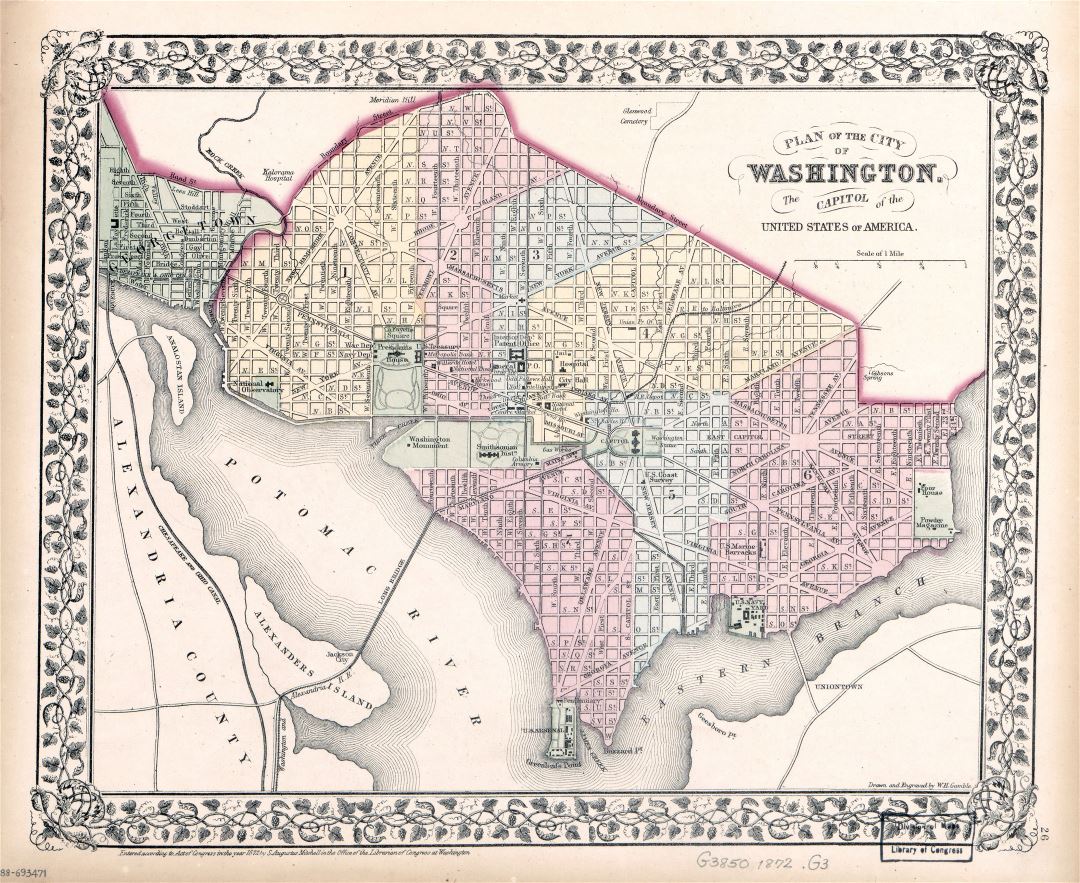 Большой подробный старый план города Вашингтона, Капитолия Соединенных Штатов Америки - 1873