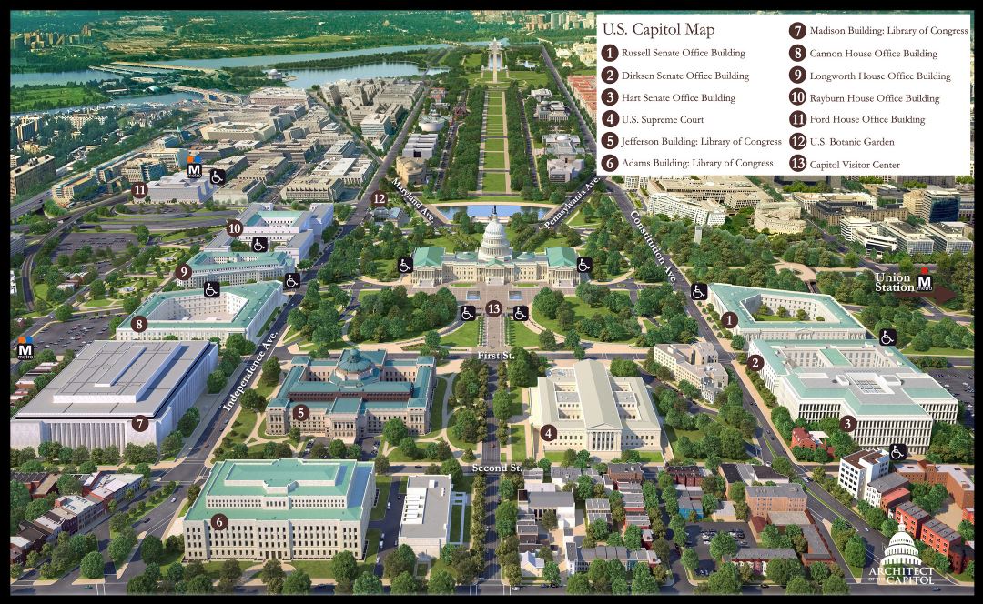 Большая детальная панорамная туристическая карта Капитолия США