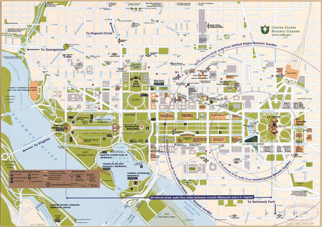 Большая детальная карта улиц  центральной части Вашингтона, округ Колумбия, с указанием парков и всех правительственных зданий - 2013