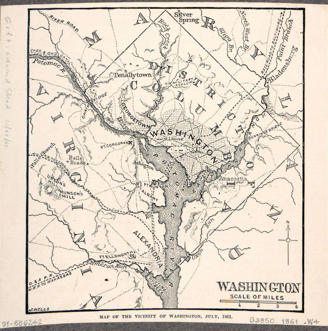 Большая старая карта окрестностей Вашингтона - 1861