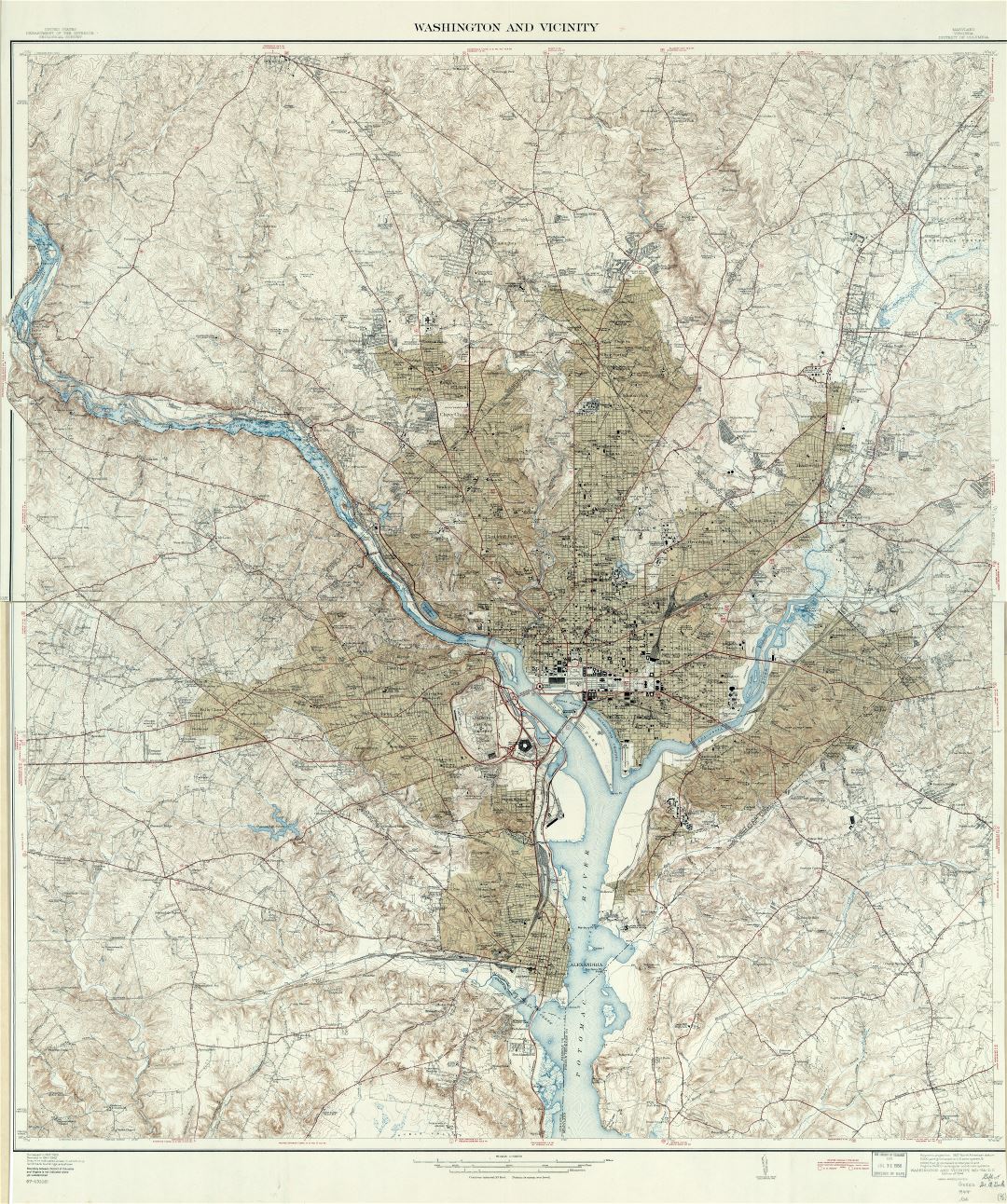 Крупномасштабная подробная карта Вашингтона и окрестностей, округ Колумбия, штат Мэриленд, Вирджиния - 1944