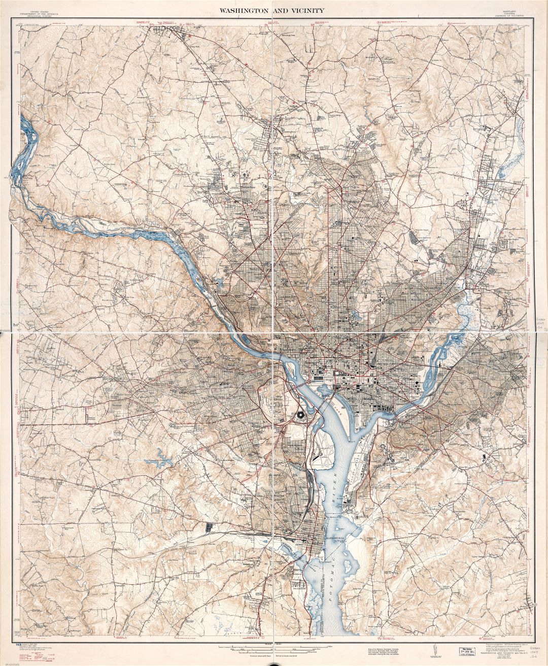 Крупномасштабная детальная карта Вашингтона и окрестностей, округ Колумбия, штат Мэриленд, Вирджиния - 1947